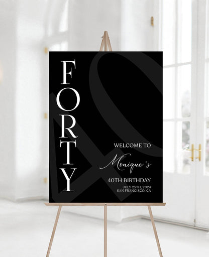 Simple Black 40th Birthday Welcome Sign Template, Minimalist Printable Party Poster, Editable Forty Birthday Decoration, Instant Download