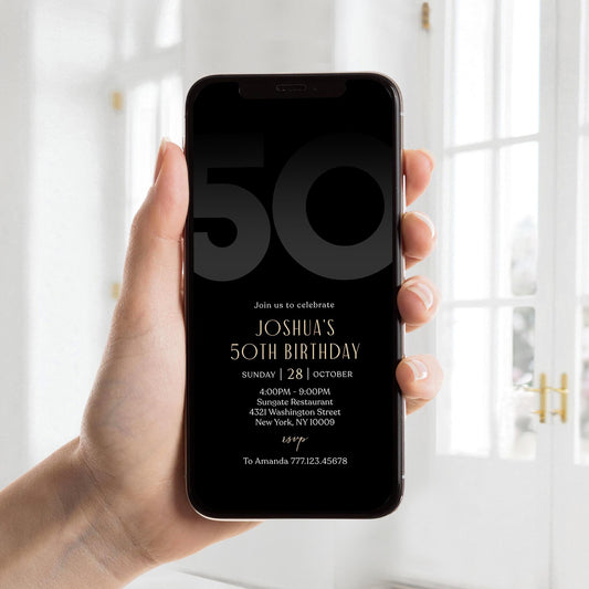 Digital Black 50th Fifty Birthday Invitation Template, Electronic Party Invite for Him, Simple Black Elegant Invitation, Text Message Evite