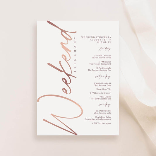 Editable Rose Gold Weekend Itinerary Template – Printable Birthday, Anniversary, or Hen Party Schedule | Digital Download | Email or Text Message Friendly
