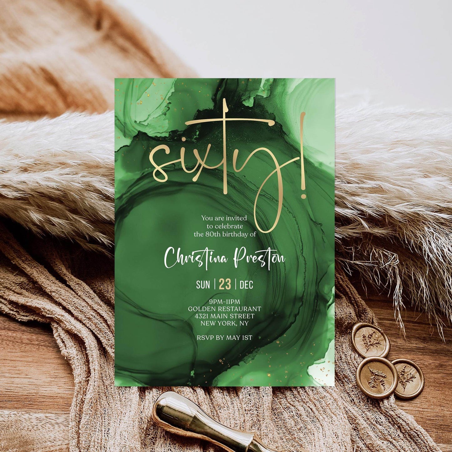 Green Emerald Gold 60th Birthday Invitation Template | Printable Surprise Birthday Invite | Editable Digital Download Invitation