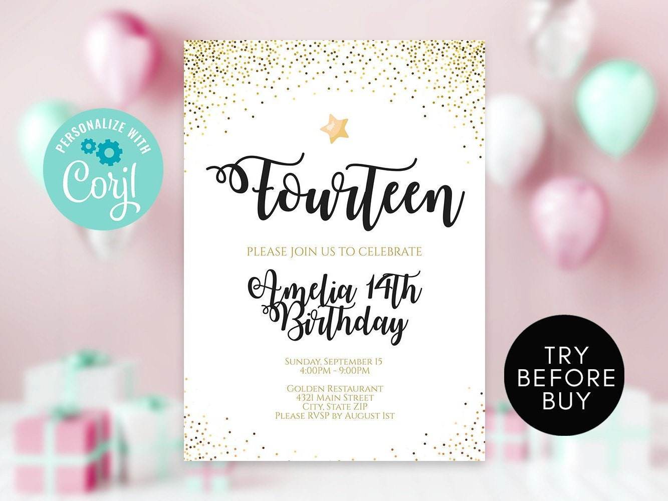 14th Birthday Invitation Template, Editable Gold Glitter Confetti Surprise Invite, Star Themed Printable Birthday Invitation, Instant Download DIY