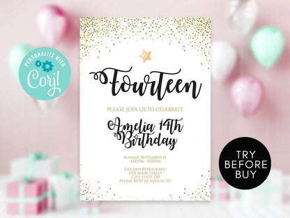14th Birthday Invitation Template, Editable Gold Glitter Confetti Surprise Invite, Star Themed Printable Birthday Invitation, Instant Download DIY