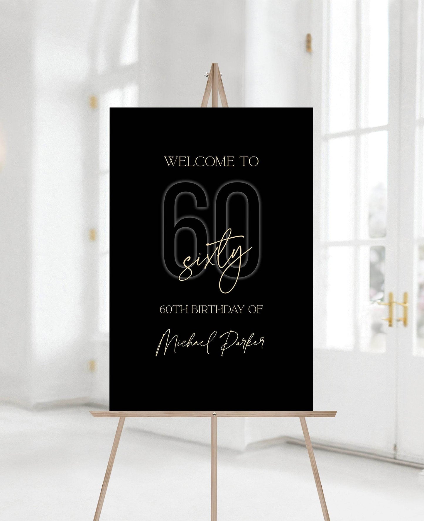 Printable 60th Birthday Welcome Sign, Black Gold Editable Sixty Poster, Any Age Party Sign, Modern DIY Birthday Decoration Template