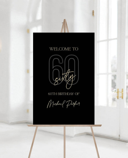 Printable 60th Birthday Welcome Sign, Black Gold Editable Sixty Poster, Any Age Party Sign, Modern DIY Birthday Decoration Template
