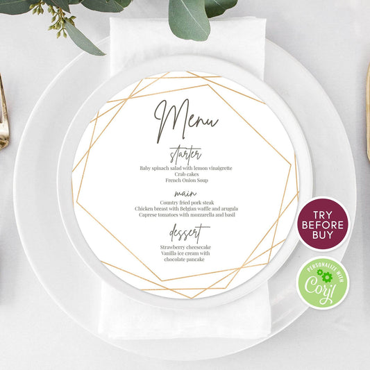 Gold Geometric Wedding Menu – Editable Round Wedding Menu Template – Printable Calligraphy Dinner Menu – Elegant Instant Download Reception Menu - MagicalEventCo