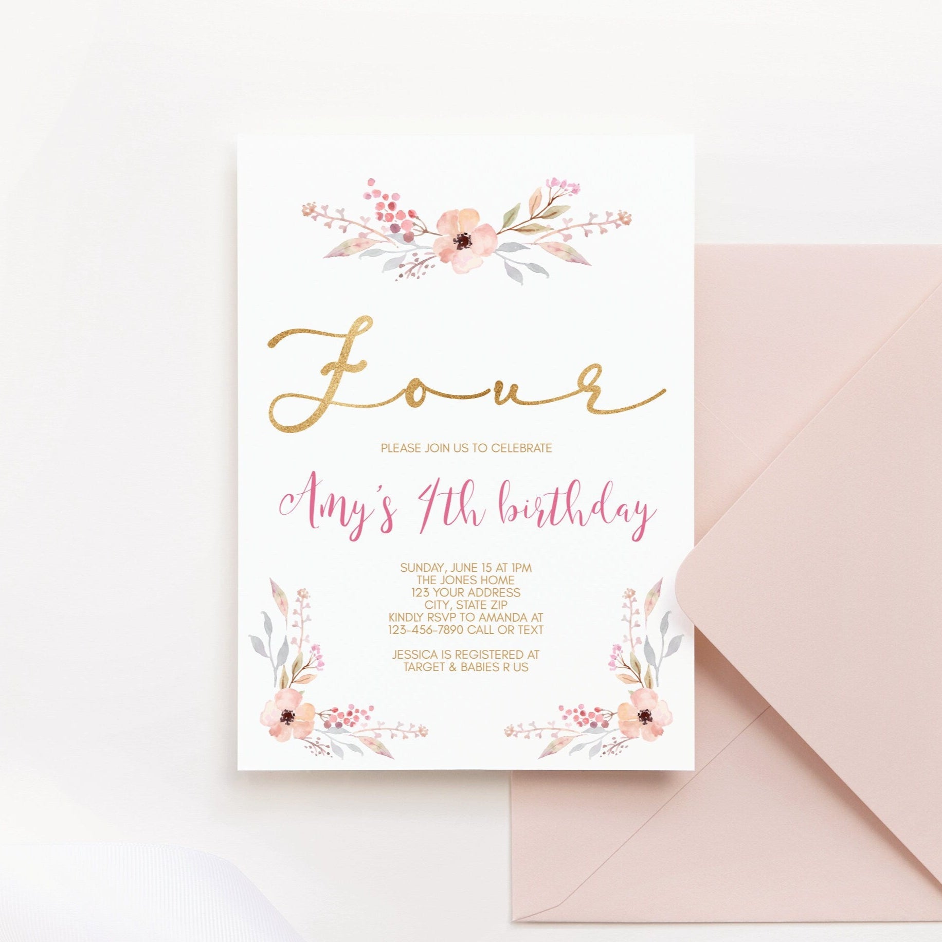 Girl 4th Birthday Printable Invitation, Floral Pink and Gold Fourth Birthday Party Invitation, Editable Invite Template, Instant Download