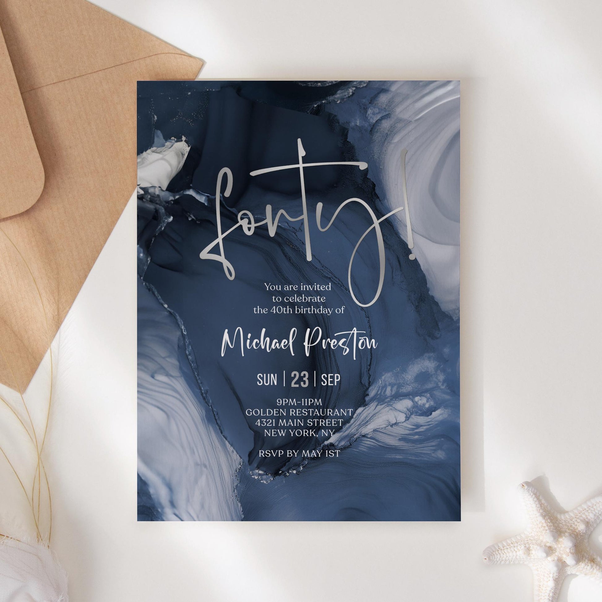 Blue Silver 40th Forty Birthday Invitation Template, Printable Navy Man Forty Birthday Invite, Editable Surprise Invite, Digital Download