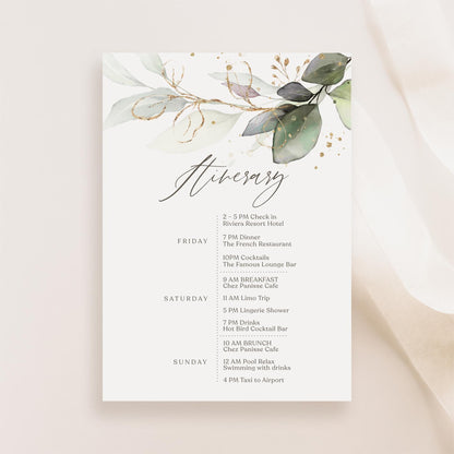 Editable Weekend Itinerary Card Template, Birthday Weekend, Printable Weekend Itinerary, Hens Weekend, Bachelorette, Greenery Eucalyptus