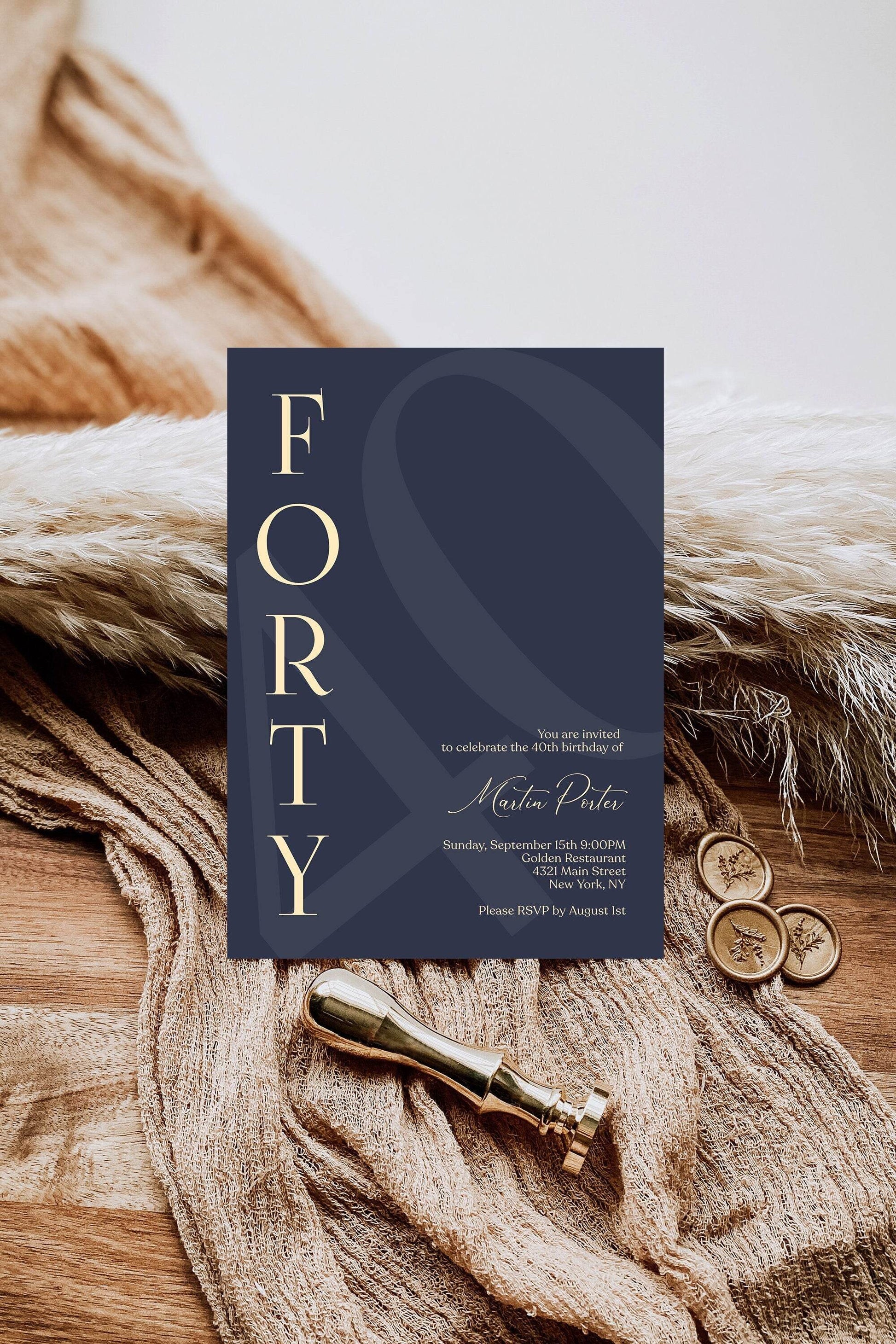 Navy 40th Birthday Invitation Template, Printable Modern Minimalist Forty Birthday Invite for Him, Editable Men’s Evite, Instant Download