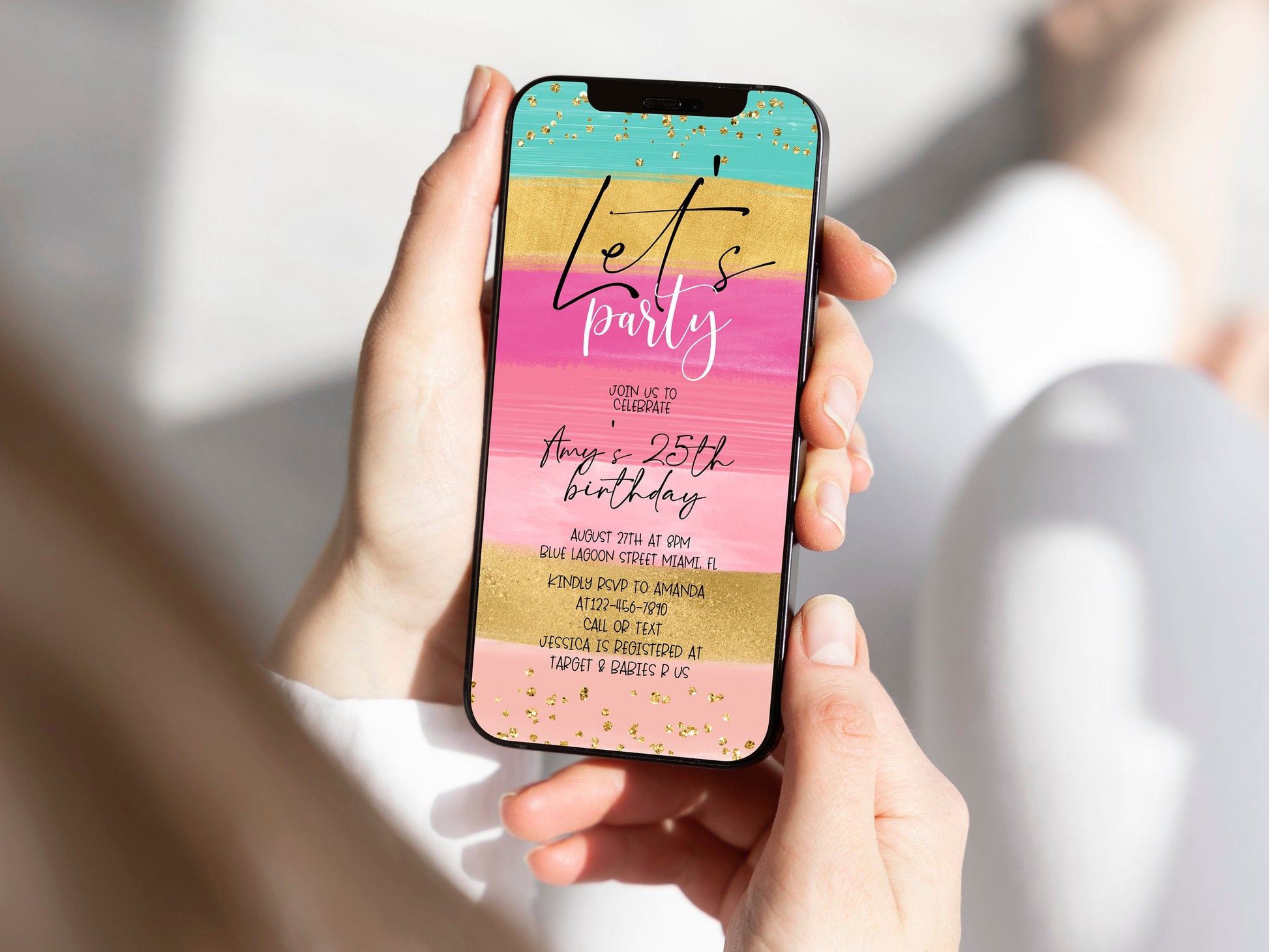 Digital Birthday Invitation - Rainbow Colors, Gold Text | Instant Download