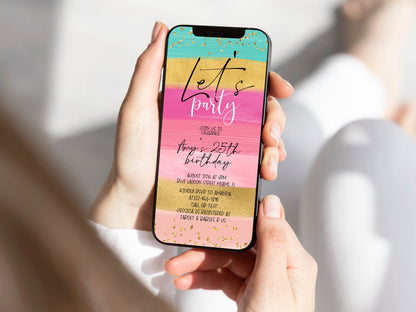 Digital Birthday Invitation - Rainbow Colors, Gold Text | Instant Download