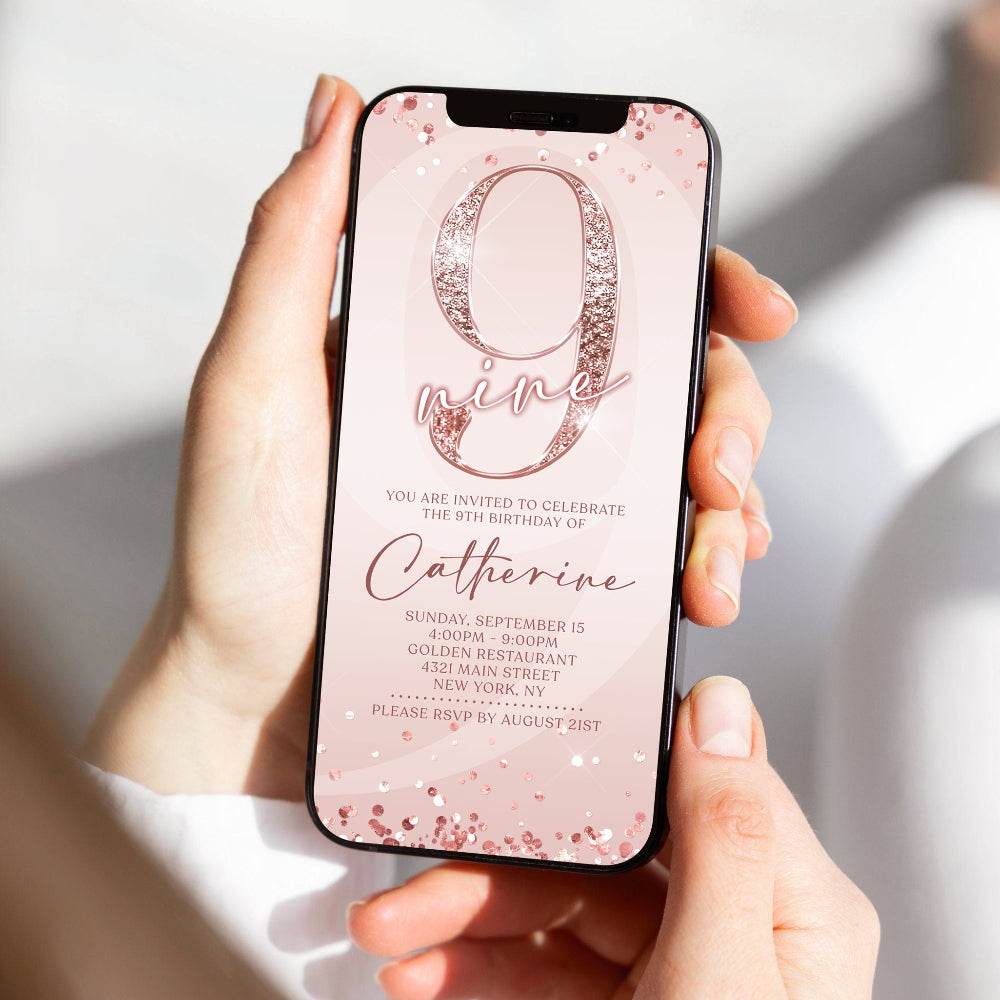 Digital Pink 9th Birthday Invitation Template | Editable Rose Gold Girl Party Invite | Instant Download Evite for 9th Birthday