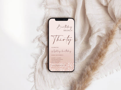 Electronic Thirty Birthday Brunch Rose Gold Confetti 30th Birthday Evite, Editable Invite, Digital Template, Paperless Birthday Invitation