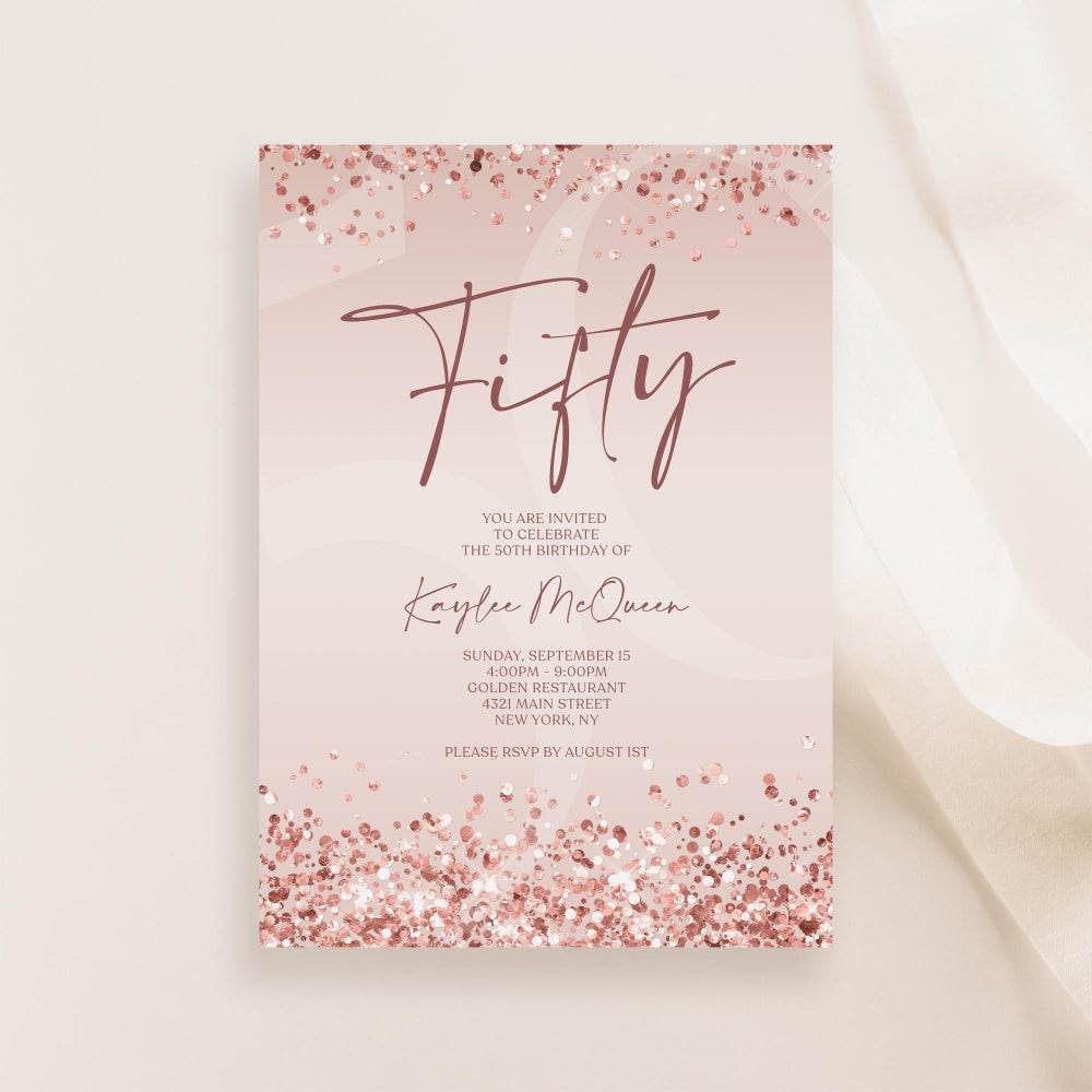 Rose Gold 50th Birthday Invitation Template | Printable Editable Pink Woman Birthday Invite | Text Message Evite | Digital Instant Download