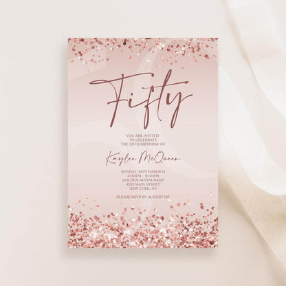 Rose Gold 50th Birthday Invitation Template | Printable Editable Pink Woman Birthday Invite | Text Message Evite | Digital Instant Download