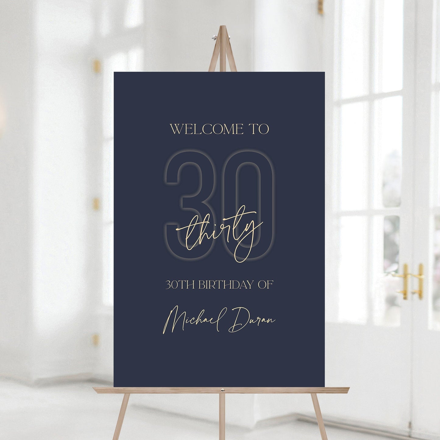 30th Birthday Welcome Sign Template – Printable Navy Blue and Gold Editable Poster – Thirty Birthday Party Decorations – Instant Download