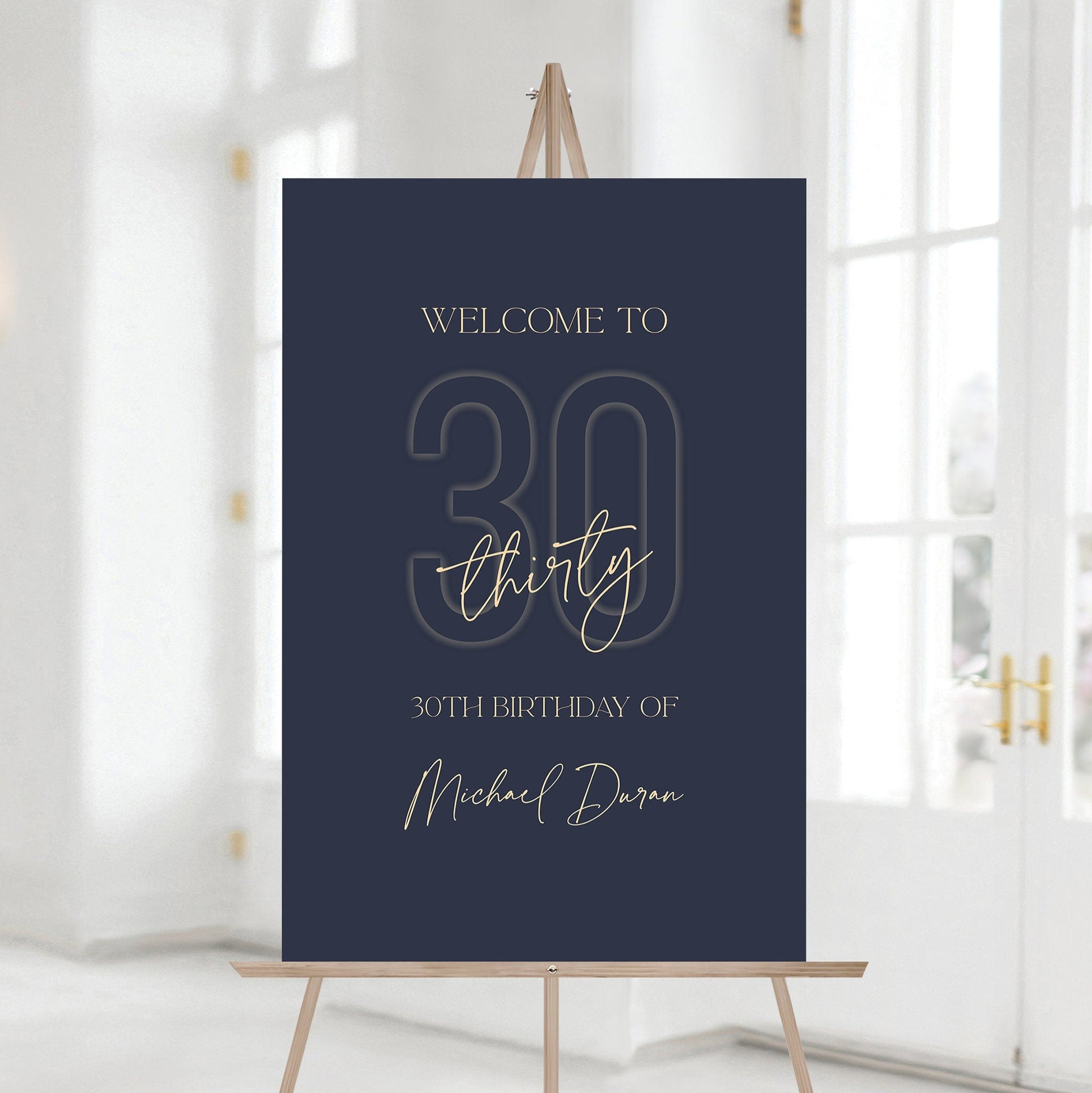 30th Birthday Welcome Sign Template – Printable Navy Blue and Gold Editable Poster – Thirty Birthday Party Decorations – Instant Download