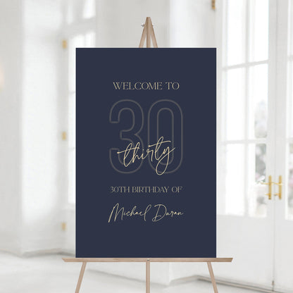 30th Birthday Welcome Sign Template – Printable Navy Blue and Gold Editable Poster – Thirty Birthday Party Decorations – Instant Download