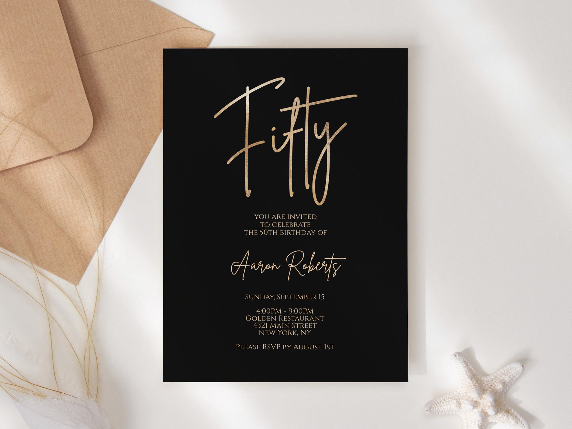 Editable Fifty 50th Birthday invitation template, Printable Black Gold Foil Birthday Invite, 5x7 Digital Card Template, Email Text Message
