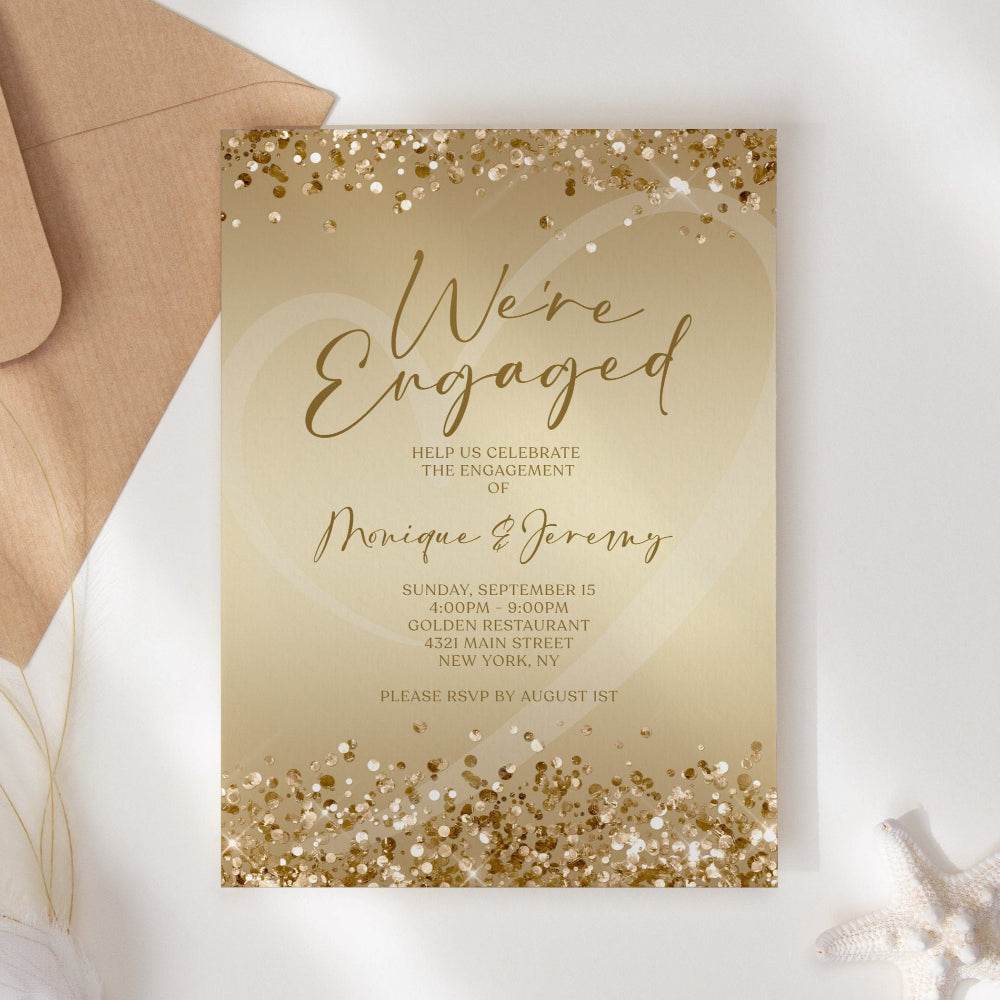 Printable Gold Engagement Party Invitation Template, Editable Engagement Announcement Card, Modern Digital Invite, Email and Text Message Invitation