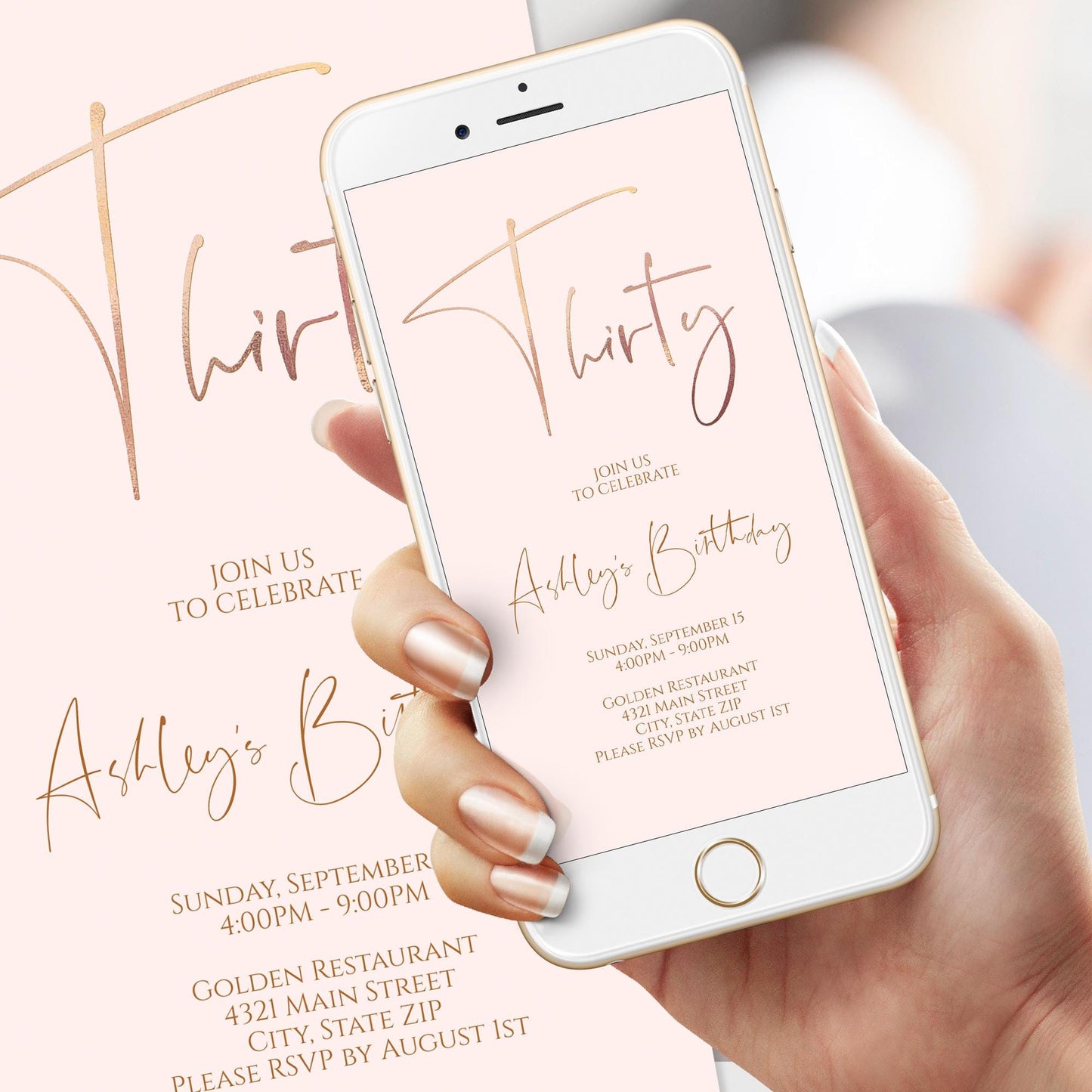 Electronic 30th Birthday Invite, Rose Gold Foil Thirty Birthday Party Phone Invitation, Mobile Invite, Text Message Evite, Instant Download