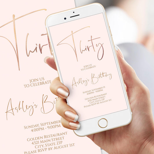 Electronic 30th Birthday Invite, Rose Gold Foil Thirty Birthday Party Phone Invitation, Mobile Invite, Text Message Evite, Instant Download