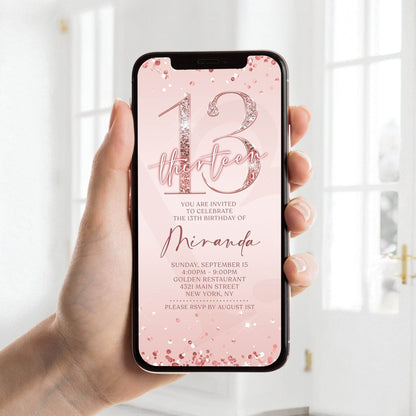 13th Birthday Invitation Template | Rose Gold Digital Evite | Editable Pink Girl Thirteen Birthday Invite | Text Message Card | Instant Download