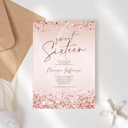 Sweet Sixteen Invitation Template Printable, Pink Rose Gold Confetti 16th Birthday Invite, Editable Girl Party Evite, Text Message Download