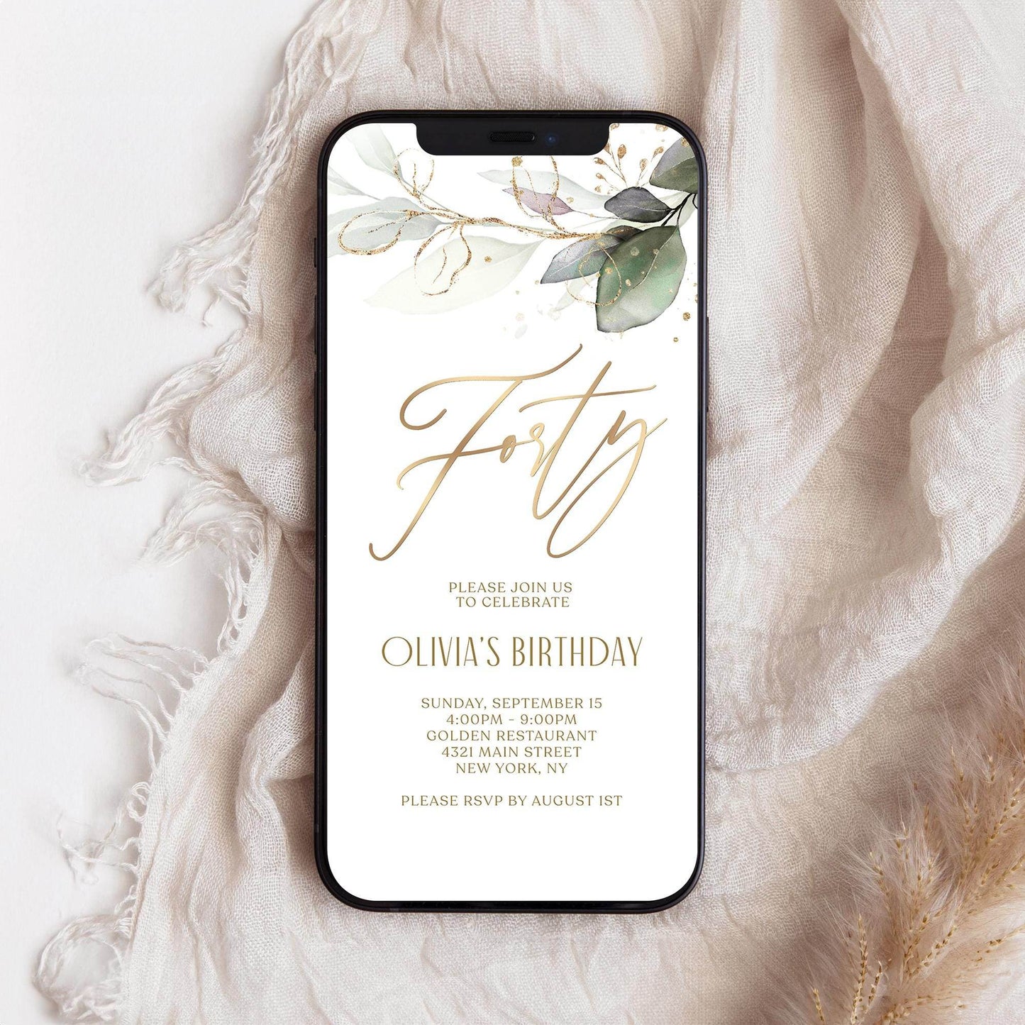 Digital Greenery Forty 40th Birthday Invitation Template | Boho Phone Party Invite | Instant Download