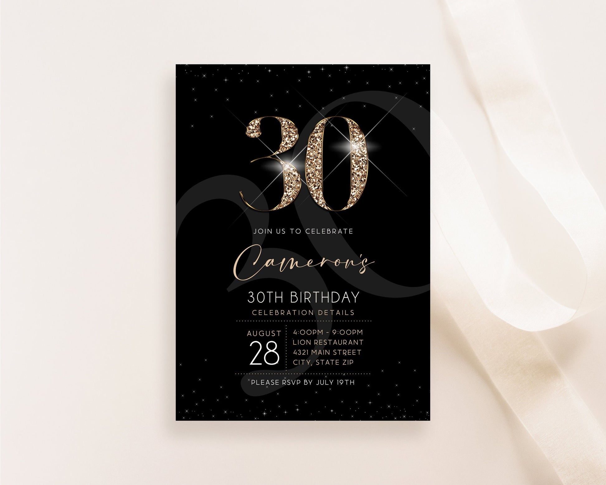 Black Gold Luxury 30th Thirty Birthday Invitation Template, Printable Men's Invite, Editable Invitation, Elegant Invite, Email Text Message