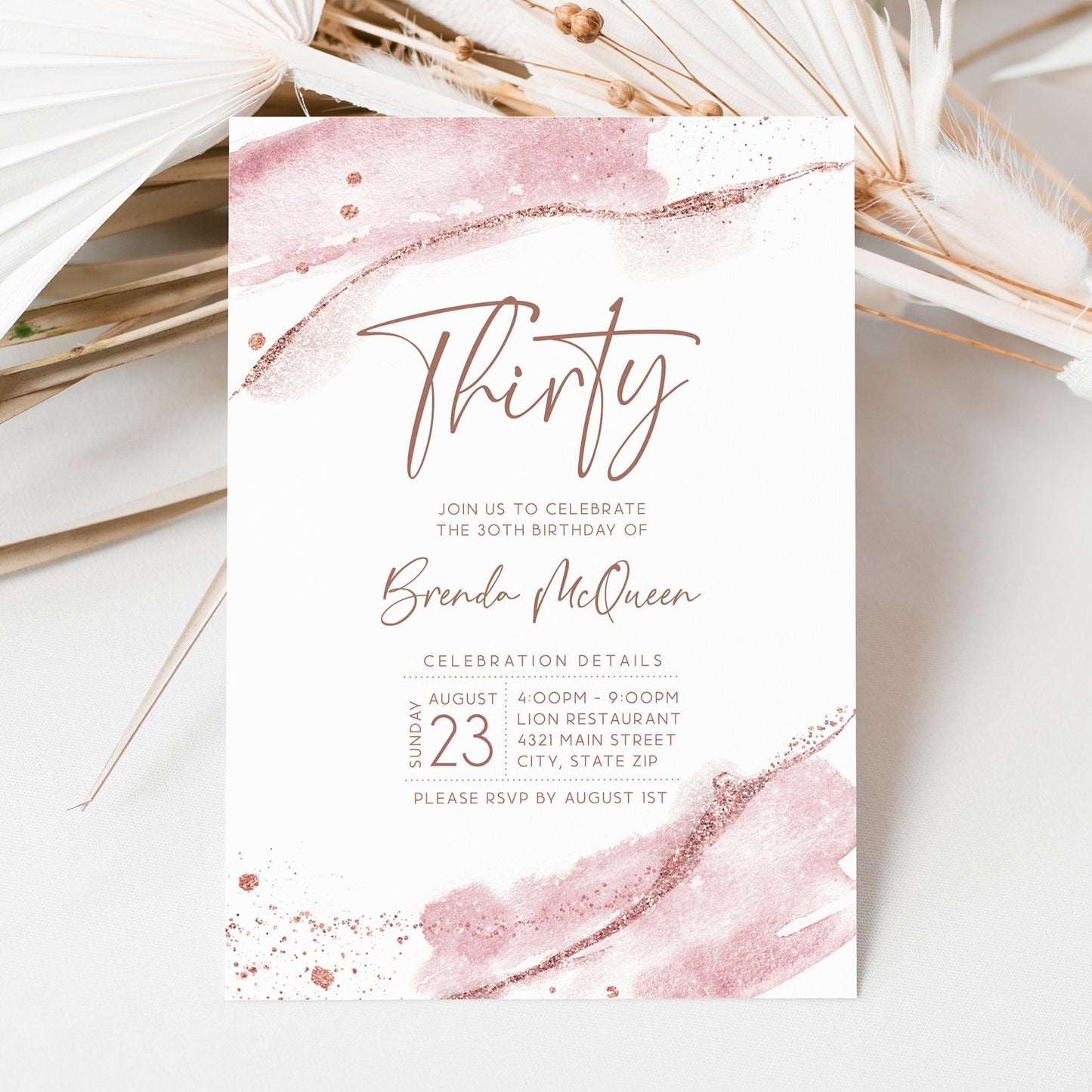 Printable 30th Birthday Invitation Template – Rose Gold Glitter Design