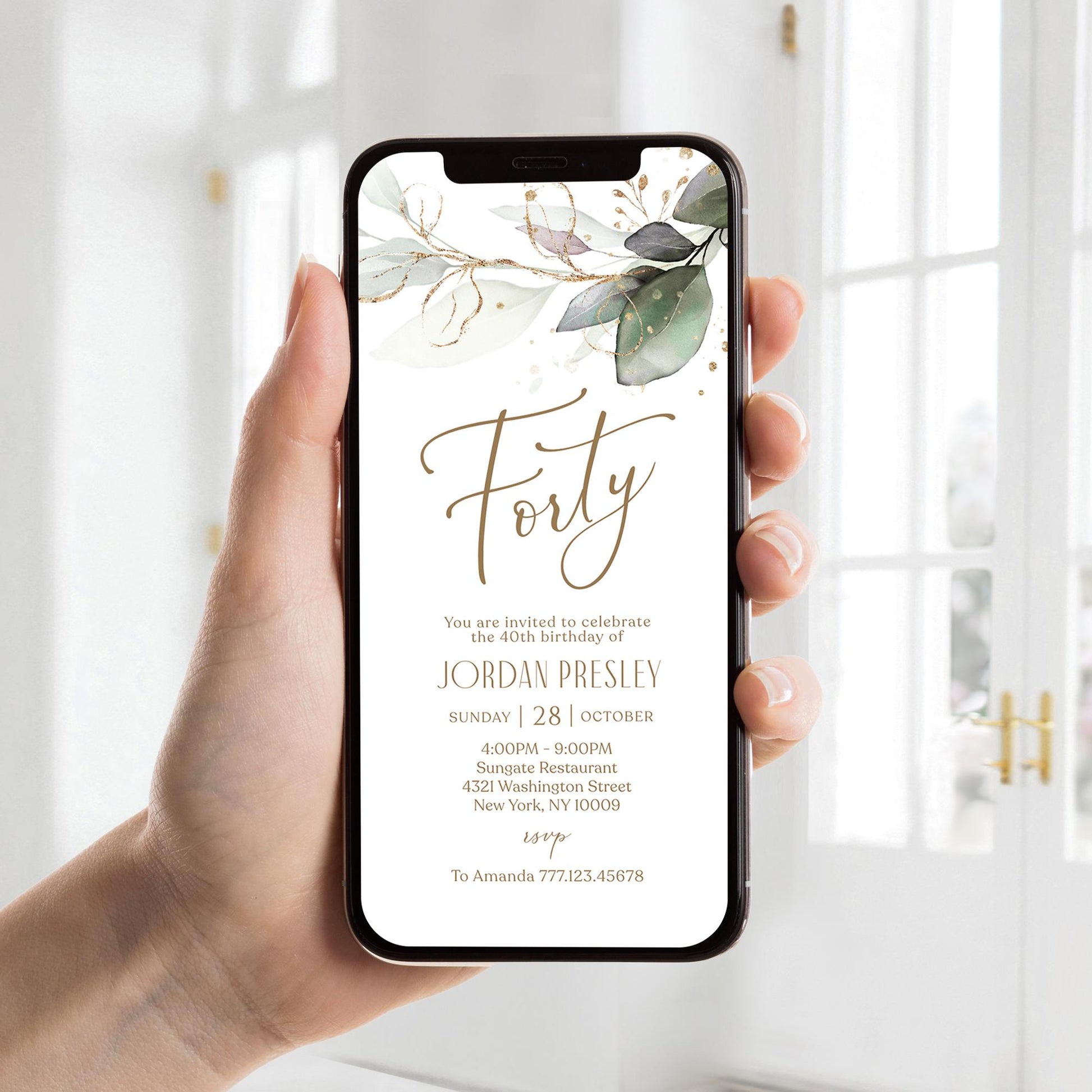 Greenery Electronic Forty 40th birthday Invitation Template, Digital 40th Forty Birthday Invite, Editable Template, Phone Text Message Evite