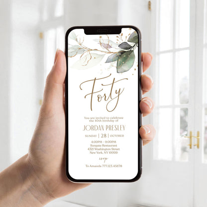 Greenery Electronic Forty 40th birthday Invitation Template, Digital 40th Forty Birthday Invite, Editable Template, Phone Text Message Evite