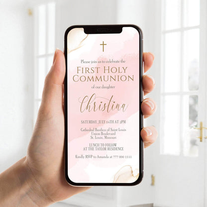 Girl First Communion Invitation, Digital Pink First Holy Communion Template, Editable Phone Text Message Evite, Custom Mobile Invite, Instant Download