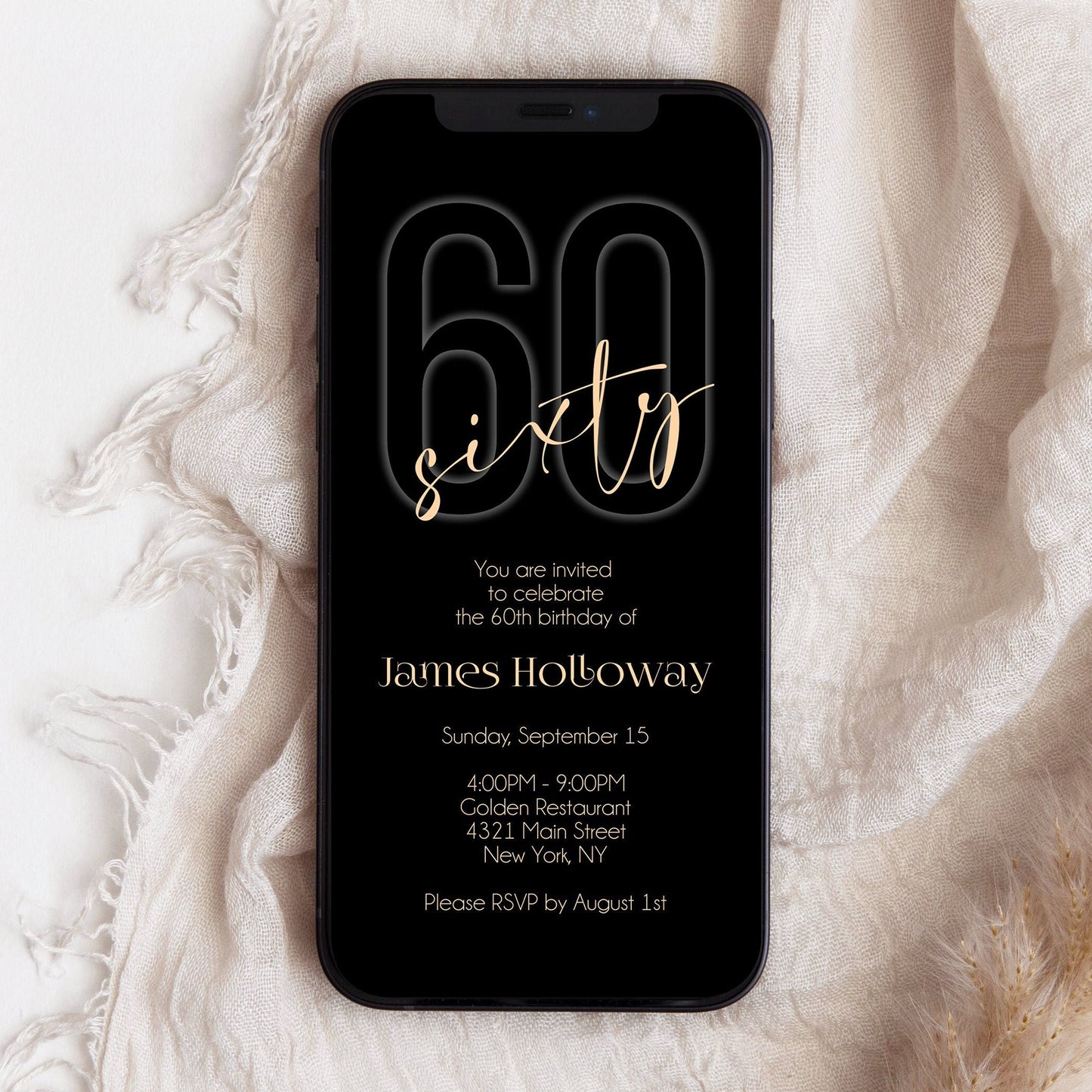 Electronic Black Gold 60th Sixty BIRTHDAY Invitation Evite, Phone Email text message invite, Editable Template, Digital Mens Invitation DIY