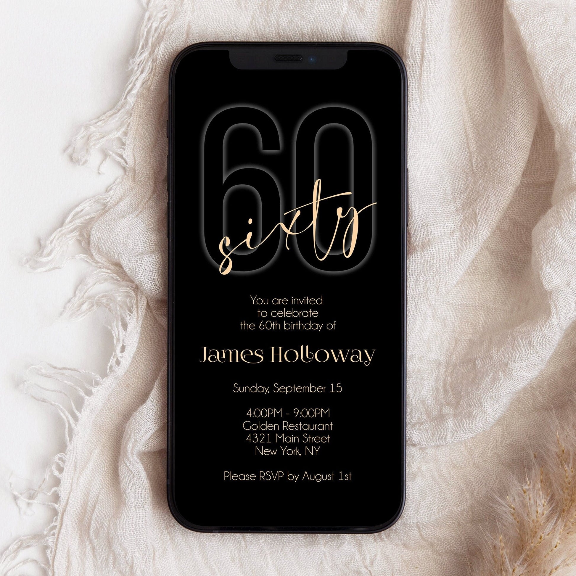 Electronic Black Gold 60th Sixty BIRTHDAY Invitation Evite, Phone Email text message invite, Editable Template, Digital Mens Invitation DIY