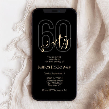 Electronic Black Gold 60th Sixty BIRTHDAY Invitation Evite, Phone Email text message invite, Editable Template, Digital Mens Invitation DIY