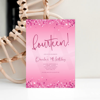 Pink 14th Birthday Invitation Template – Editable Hot Pink Fuchsia Teen Party Invite – Printable Girl Fourteen Birthday Card – Instant Download