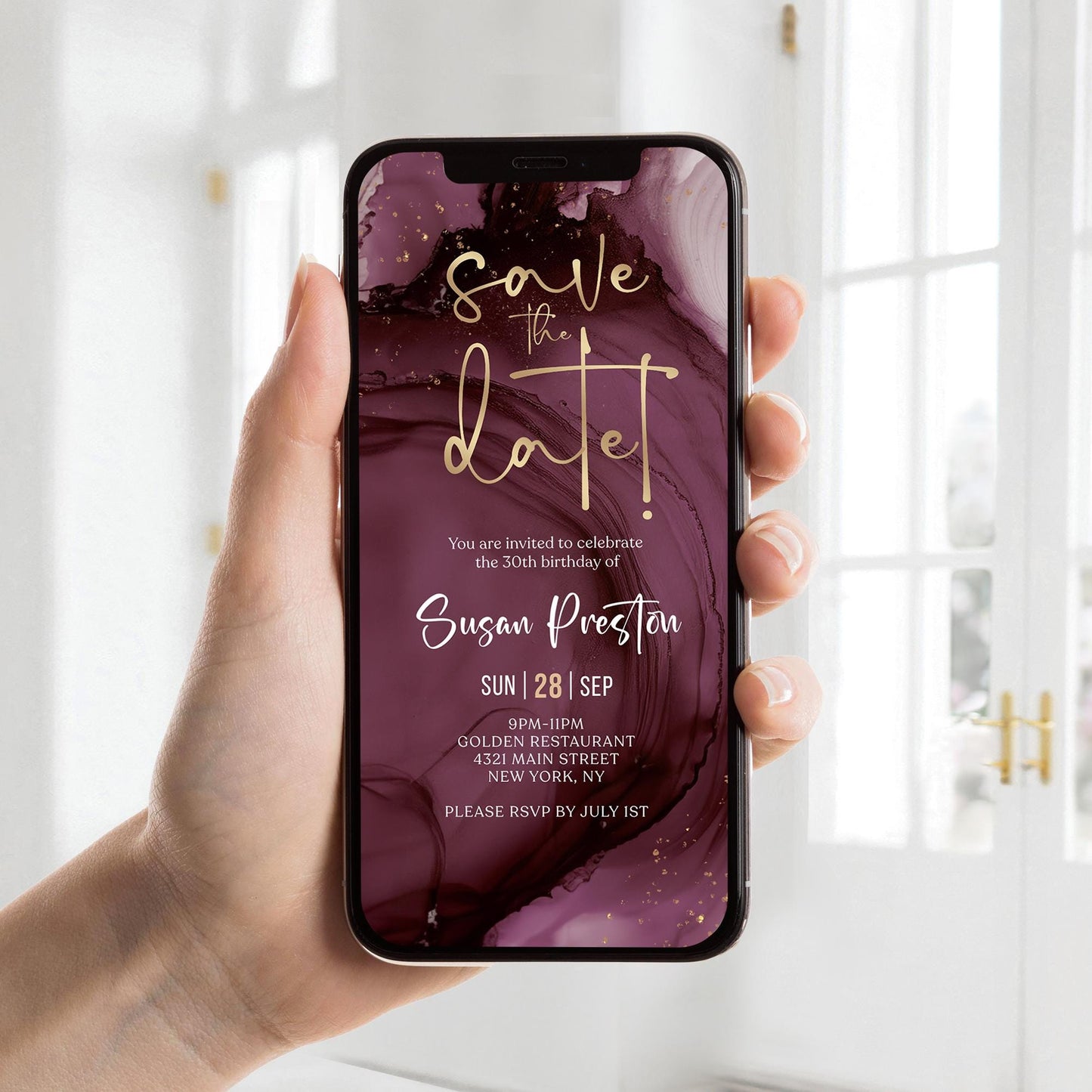 Digital Purple Gold Save the Date Invitation Template, Electronic Birthday Invite, Editable Mobile Evite, Any Age Invite, Text Message Evite