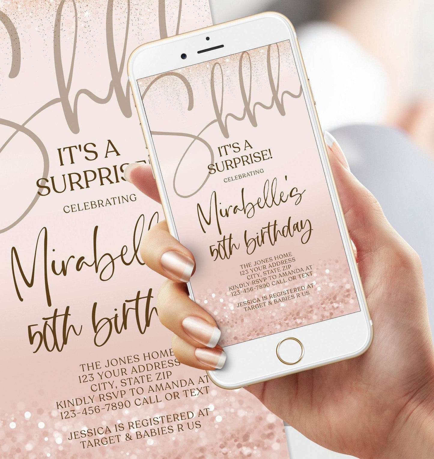 Digital Rose Gold “Shhh It’s a Surprise” 50th Birthday Invitation Template – Editable Electronic Text Message Evite | Phone Invite | Instant Download