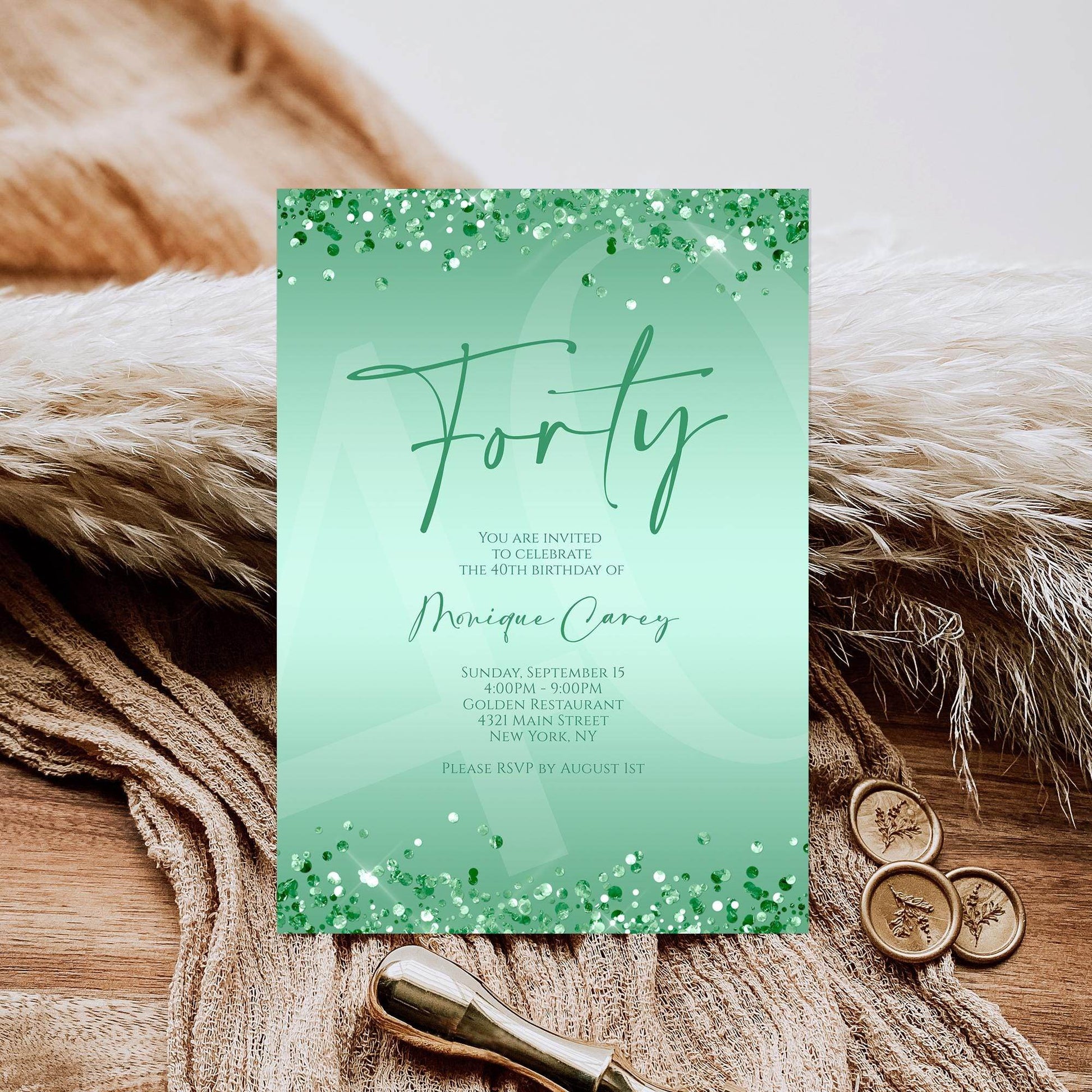 Mint 40th Birthday Invitation Template – Printable Glitter Confetti Invite for Women | Editable Luxury Party Evite | Email Text Message | Instant Download