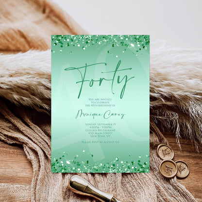 Mint 40th Birthday Invitation Template – Printable Glitter Confetti Invite for Women | Editable Luxury Party Evite | Email Text Message | Instant Download