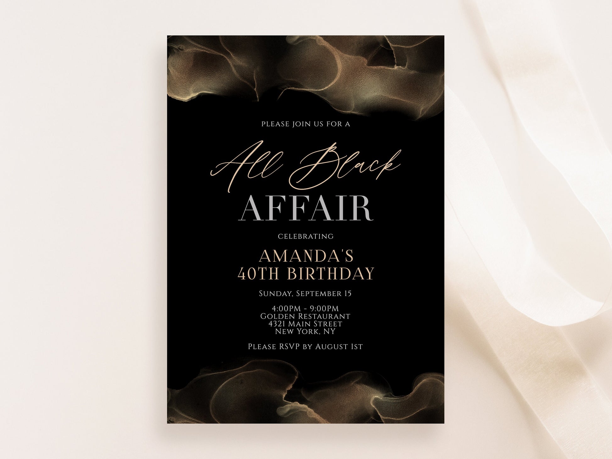 Editable All Black Affair Invitation, Printable All Black Party Invitation, Black and Gold, Marble, Formal Attire Invite, Email Text Message