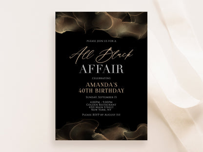 Editable All Black Affair Invitation, Printable All Black Party Invitation, Black and Gold, Marble, Formal Attire Invite, Email Text Message