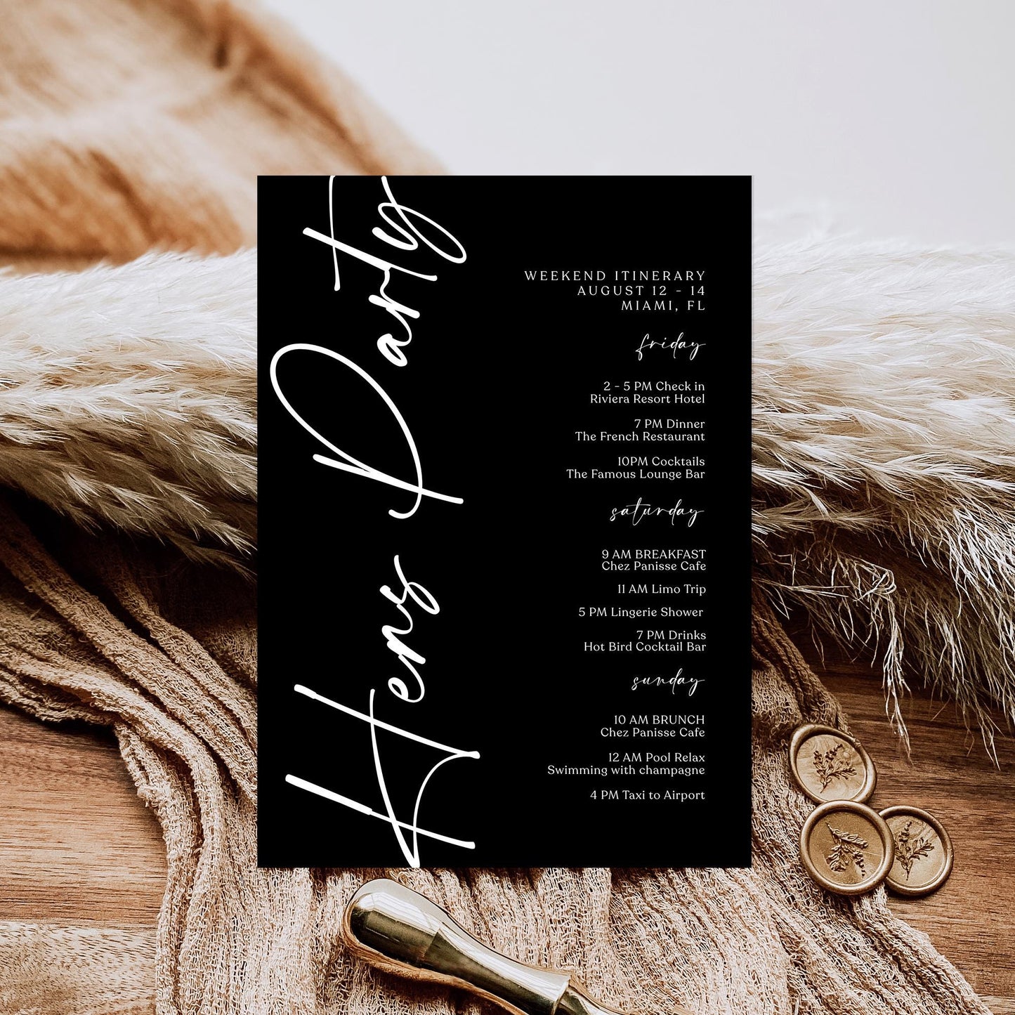 Printable Black Hens Party Weekend Itinerary Template – Editable Minimalist Bachelorette Weekend Schedule – Hen Party Events Itinerary – Instant Download