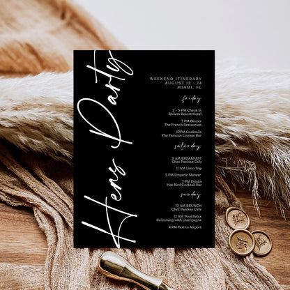 Printable Black Hens Party Weekend Itinerary Template – Editable Minimalist Bachelorette Weekend Schedule – Hen Party Events Itinerary – Instant Download