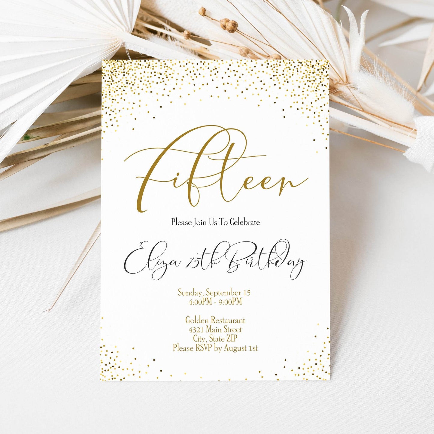 15th Birthday Invitation Template, Editable Fifteen Birthday Invite, Gold Glitter Confetti Surprise, Printable DIY Invite, Instant Download