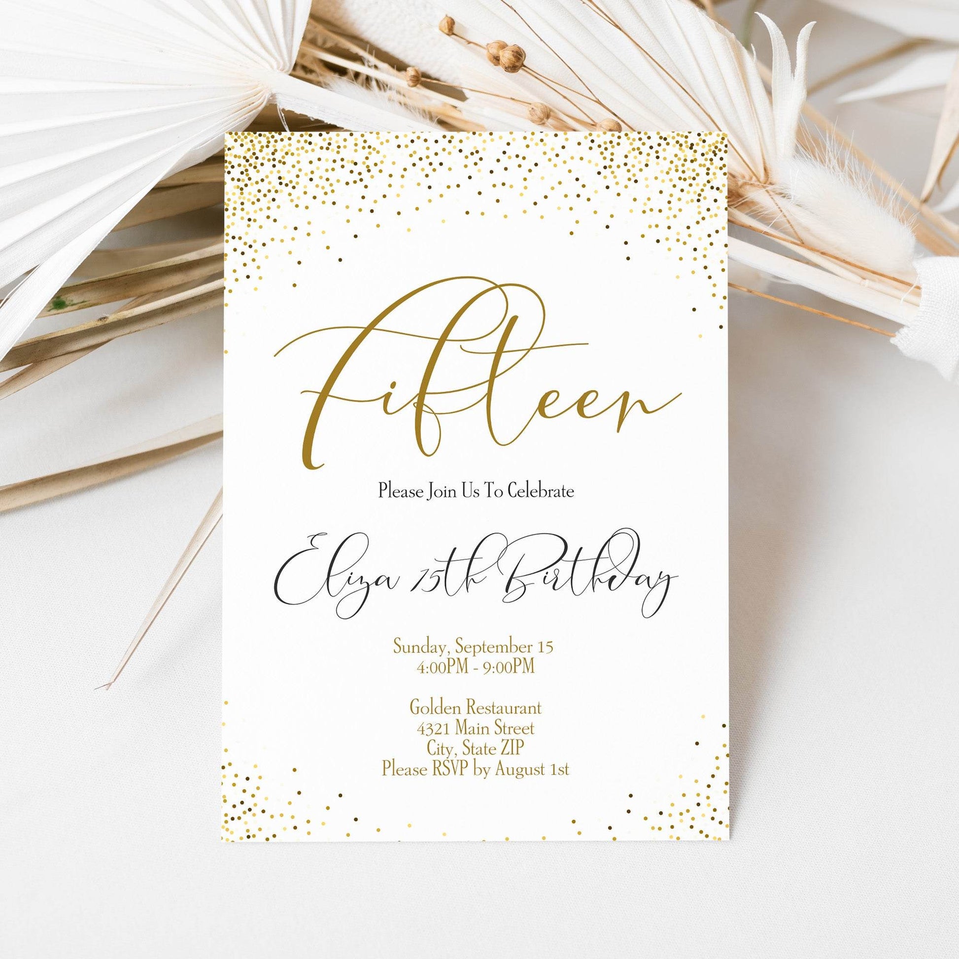 15th Birthday Invitation Template, Editable Fifteen Birthday Invite, Gold Glitter Confetti Surprise, Printable DIY Invite, Instant Download