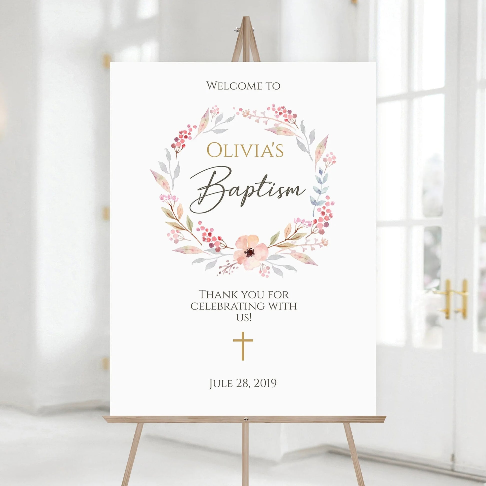 Baptism Welcome Sign Template, Blush Pink Floral Wreath Welcome Chart, Baptism Decorations, Girl Christening Sign Poster, Instant Download