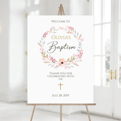 Baptism Welcome Sign Template, Blush Pink Floral Wreath Welcome Chart, Baptism Decorations, Girl Christening Sign Poster, Instant Download